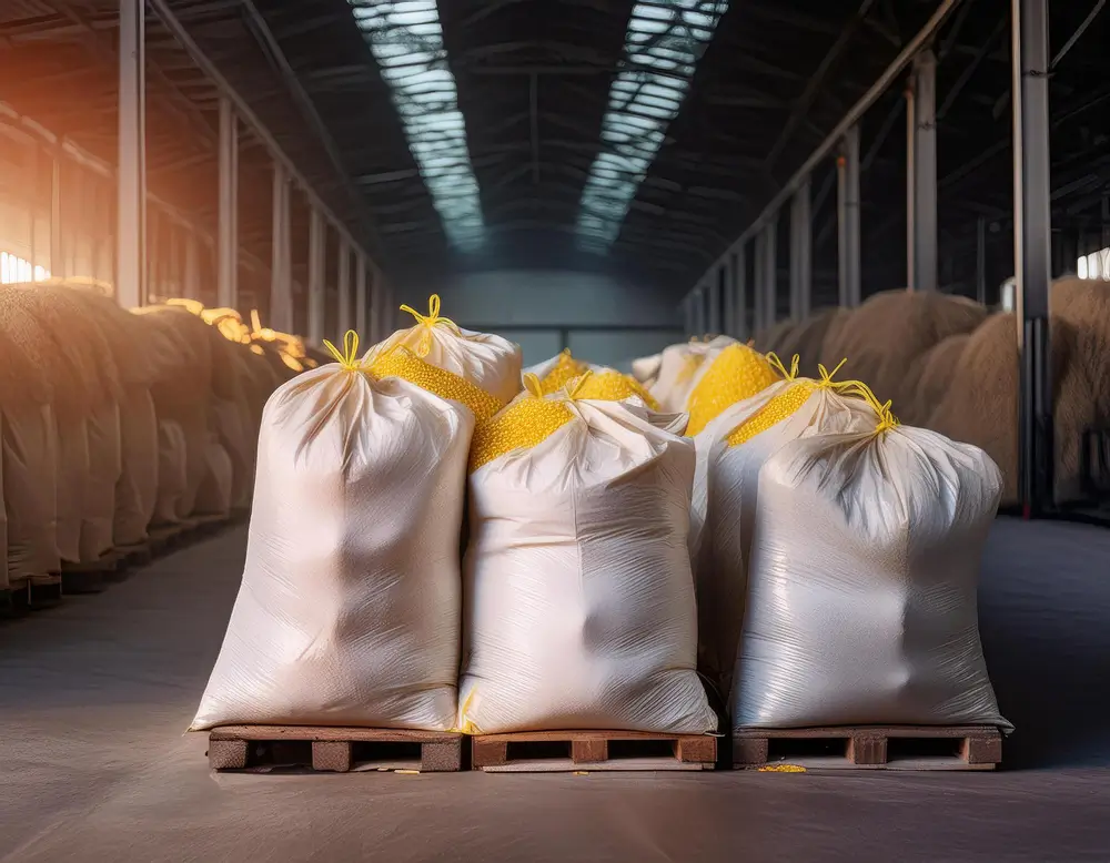 Stacked woven polypropylene bulk bags in a production facility