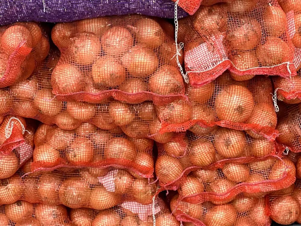 Orange and red mesh onion bags filled with produce
