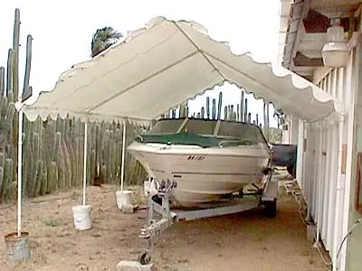 Boat under a fitted canopy cover